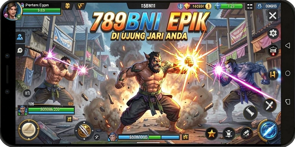 Tangkapan layar permainan <strong>789BNI</strong> yang menunjukkan pertarungan seru di arena.