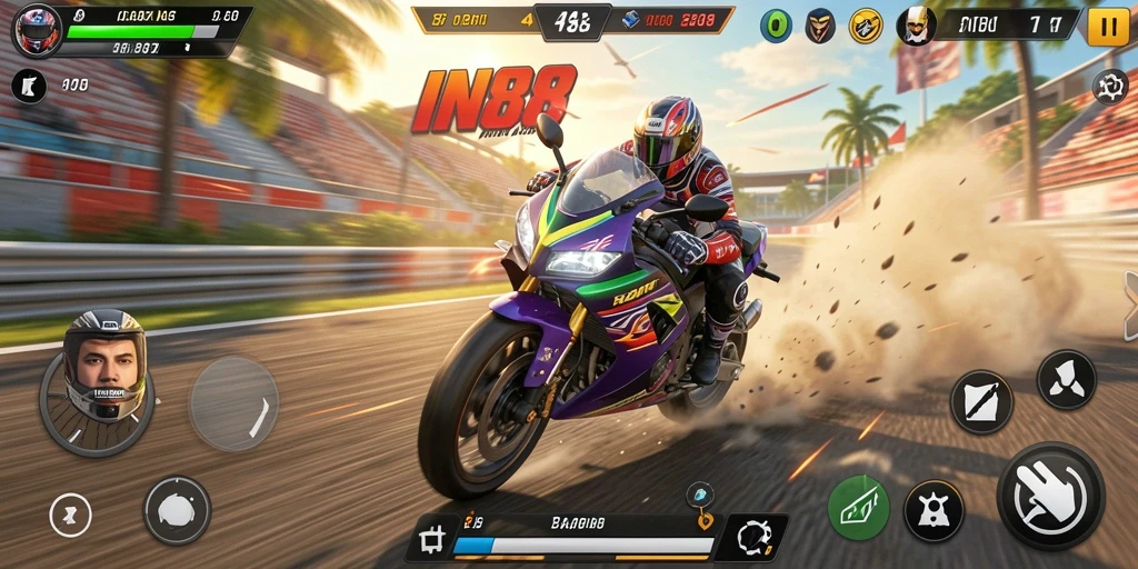 Screenshot gameplay IN88 menunjukkan balapan motor yang mendebarkan dan intens.