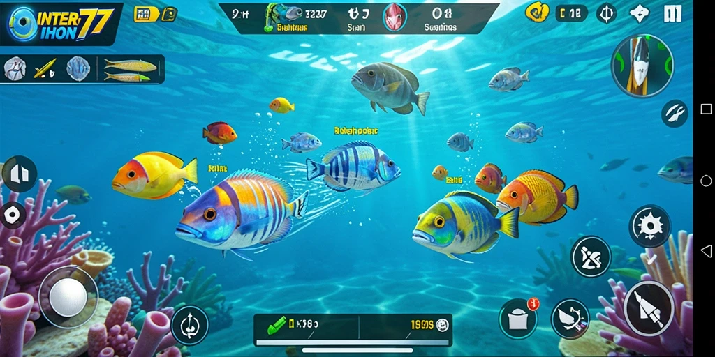 Screenshot gameplay INTER77 menampilkan aksi seru menembak ikan.
