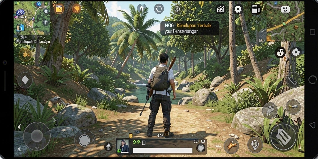 Screenshot N06 menunjukkan karakter dalam melakukan aktivitas sehari-hari di dunia simulasi.