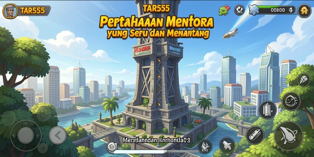 Tangkapan layar gameplay TAR555 menunjukkan aksi mempertahankan dengan menara yang mengesankan.