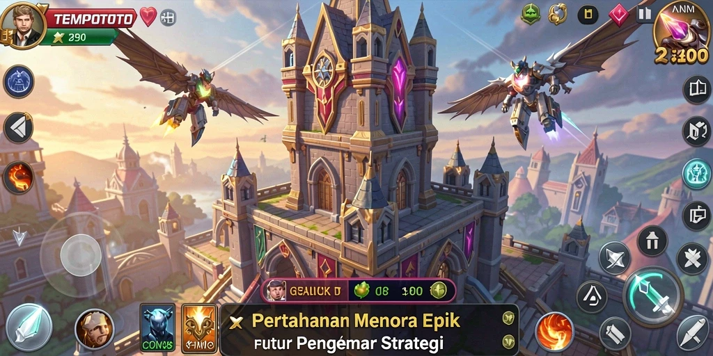 Screenshot gameplay TEMPOTOTO menampilkan aksi menara pertahanan yang mendebarkan.