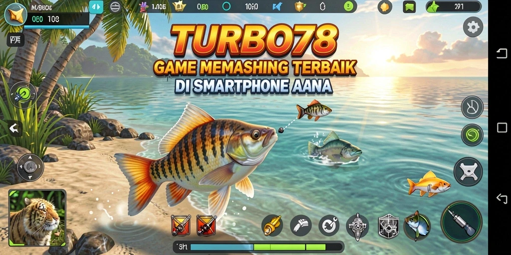 Screenshot TURBO78 menampilkan pemain menangkap ikan di laut yang indah.